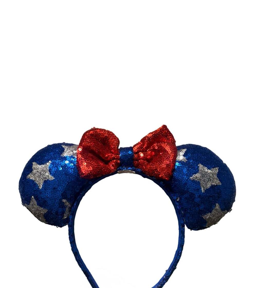 Disney Minnie Mouse Sequin Ears Headband Blue Silver Stars Red Bow
